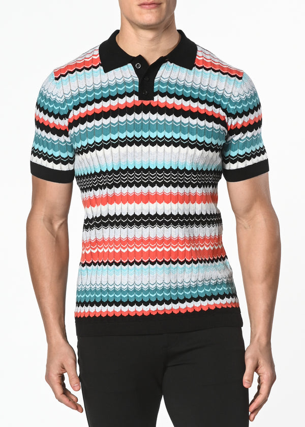 TEAL/SIENNA WAVE COTTON TEXTURED KNITTED POLO-Final Sale