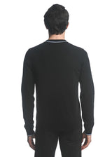 BLACK SILK TENCEL  TEXTURED KNIT CREW SWEATER W/ TIPPING PM-16221