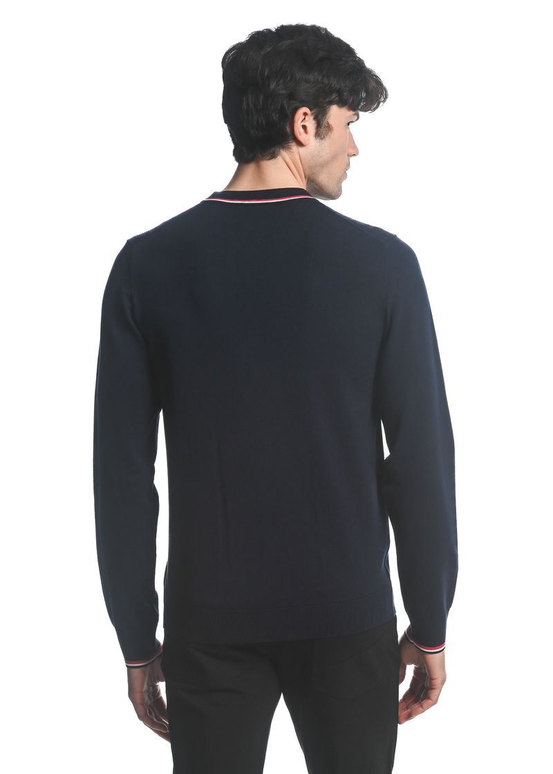 NAVY SILK TENCEL  TEXTURED KNIT CREW SWEATER W/ TIPPING PM-16221