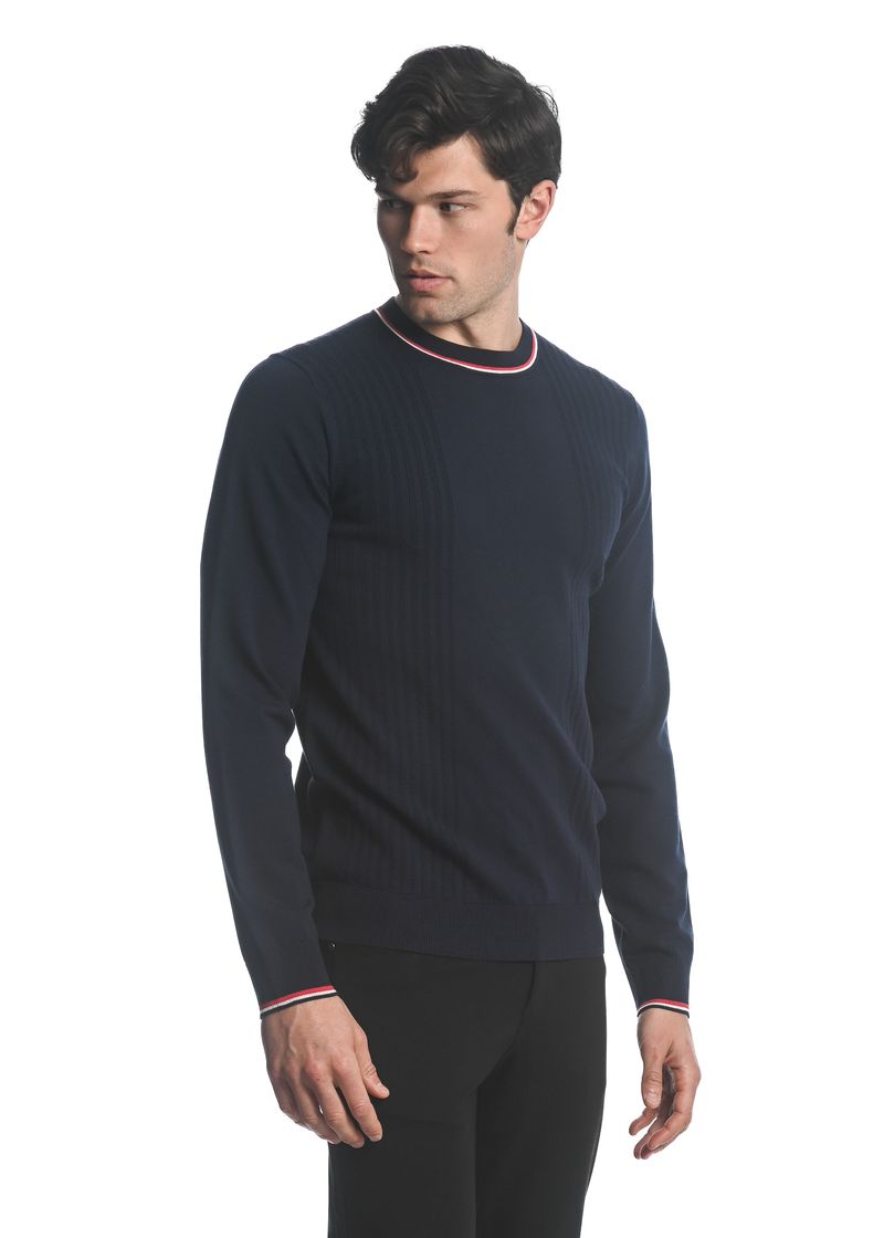 NAVY SILK TENCEL  TEXTURED KNIT CREW SWEATER W/ TIPPING PM-16221