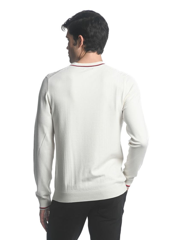 OFF WHITE SILK TENCEL  TEXTURED KNIT CREW SWEATER W/ TIPPING PM-16221