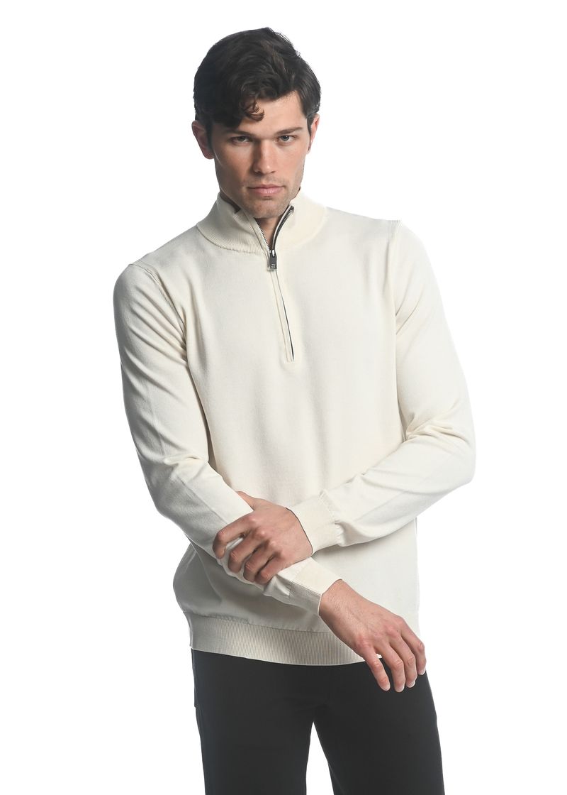 OFF WHITE SILK TENCEL QUARTER ZIP KNITTED SWEATER PM-16222