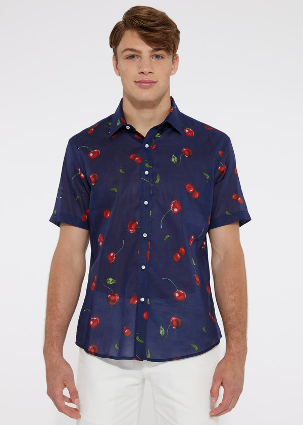 NAVY CHERRIES COTTON VOILE SHORT SLEEVE WOVEN SHIRT-Final Sale