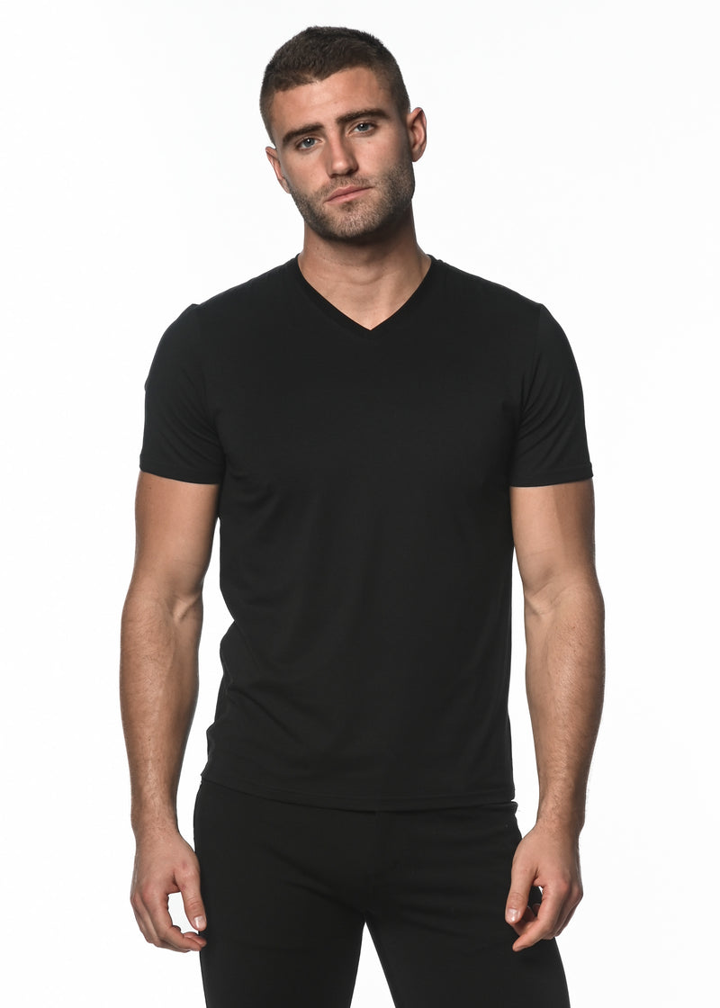 BLACK COTTON/SORONA SHORT SLEEVE V-NECK TEE PM-1405