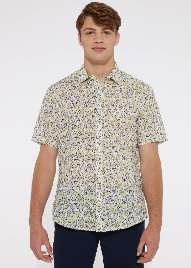 YELLOW/WHITE FLORAL COTTON SEERSUCKER WOVEN SHORT SLEEVE SHIRT PM-14101 Final Ssle