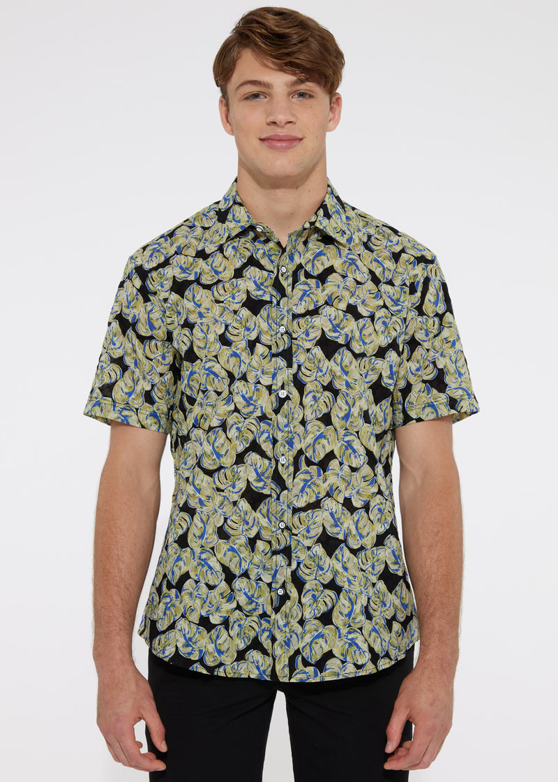 CITRUS/BLACK LEAVES COTTON SEERSUCKER WOVEN SHORT SLEEVE SHIRT PM-14107 Final Sale