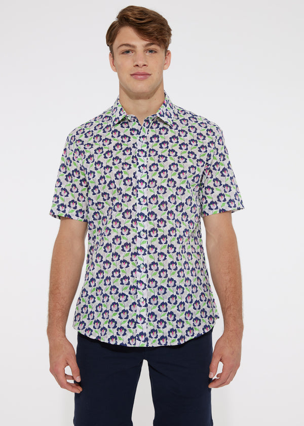 GREEN/NAVY LEAVES COTTON SEERSUCKER WOVEN SHORT SLEEVE SHIRT PM-14109 Final Sale