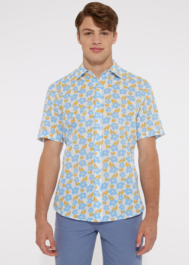 BLUE/APRICOT FLORAL COTTON SEERSUCKER WOVEN SHORT SLEEVE SHIRT PM-14110 Final Sale