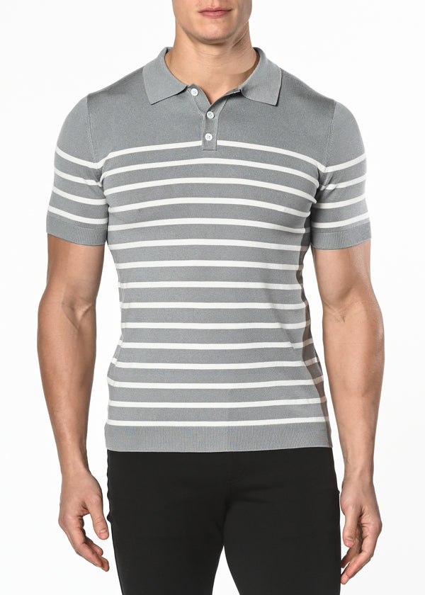 GREY/OFF WHITE 3-BUTTON STRIPE SILK/TENCEL KNIT POLO PM-16200