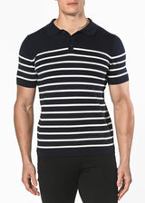 NAVY/OFF WHITE 3-BUTTON STRIPE SILK/TENCEL KNIT POLO PM-16200