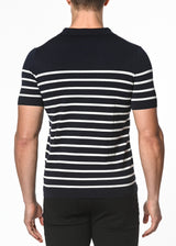 NAVY/OFF WHITE 3-BUTTON STRIPE SILK/TENCEL KNIT POLO PM-16200