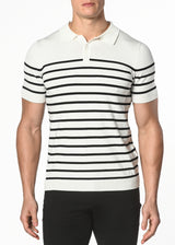 OFF WHITE/NAVY 3-BUTTON STRIPE SILK/TENCEL KNIT POLO PM-16200