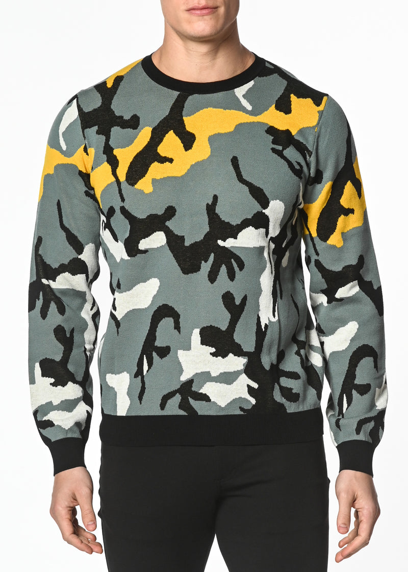 GREY/YELLOW CAMO COTTON JACQUARD KNIT SWEATER PM-16207