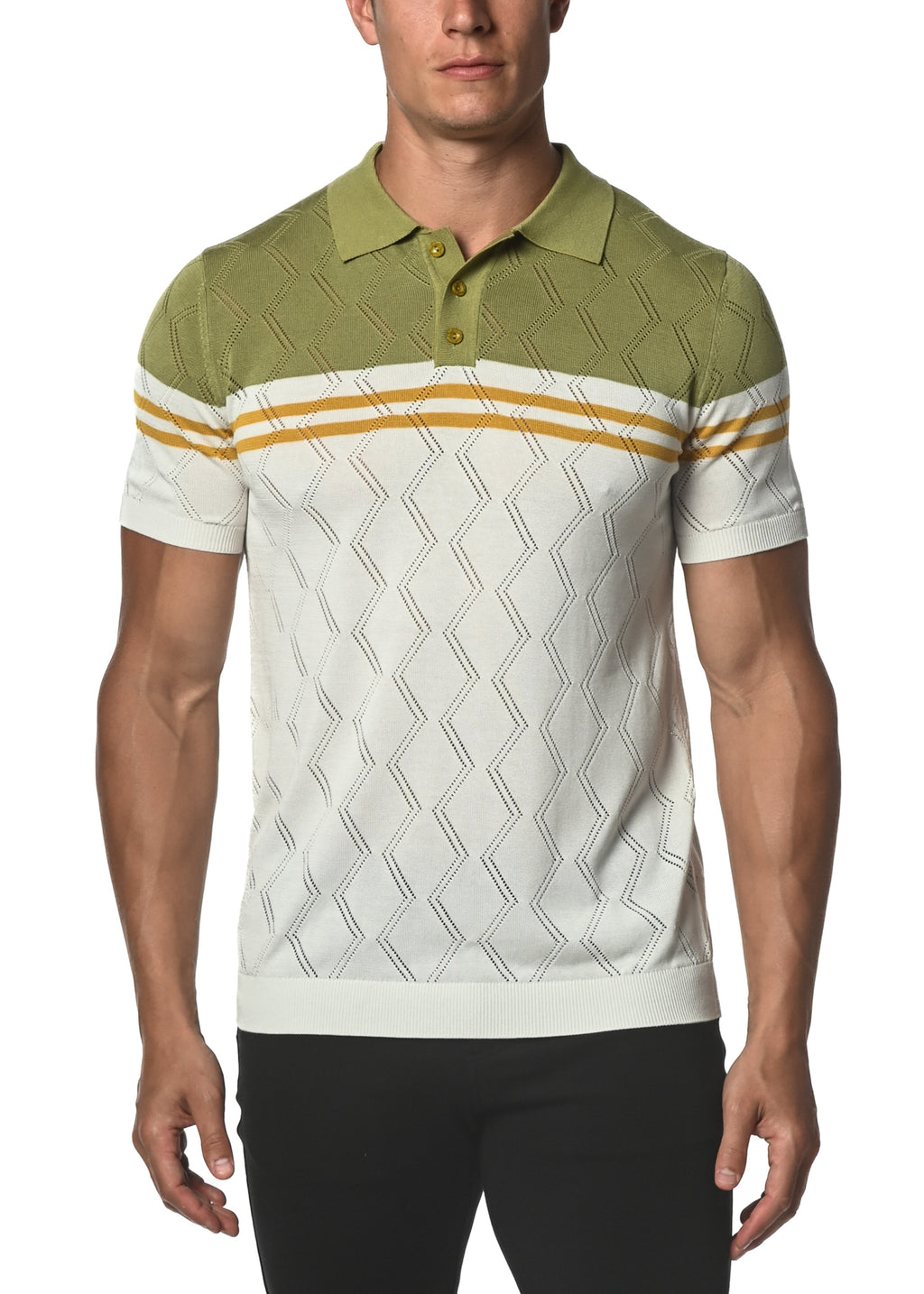 OLIVE/AMBER SILK/TENCEL ZIGZAG STRIPES KNIT 3-BUTTON POLO PM-16214