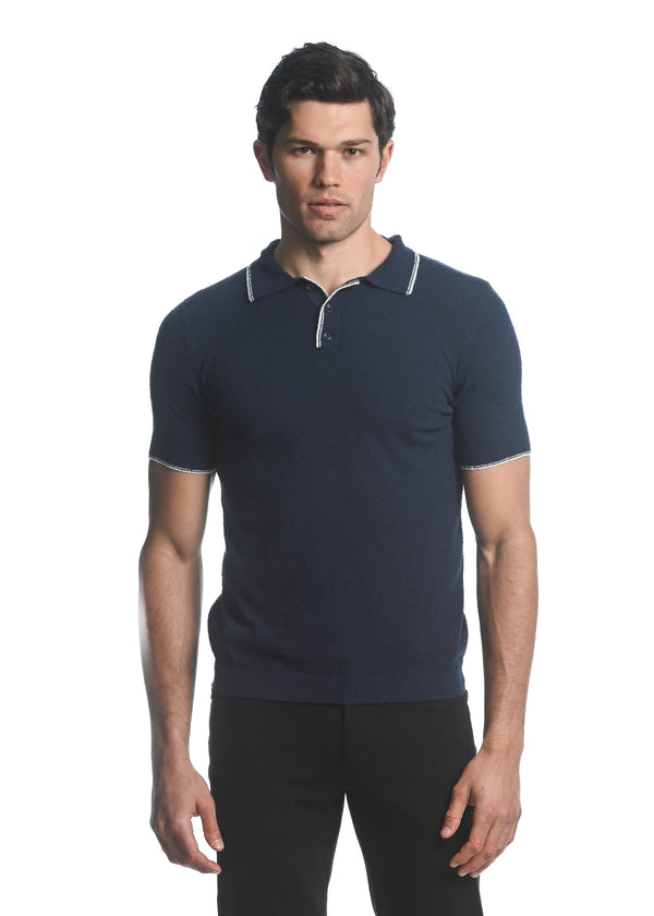 NAVY/ BABY BLUE BOUCLE  3-BUTTON KNIT POLO WITH TIPPING PM-16218