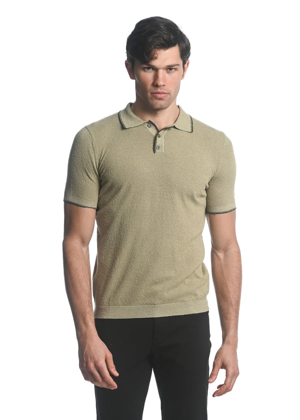 SAGE/ OLIVE BOUCLE  3-BUTTON KNIT POLO WITH TIPPING PM-16218