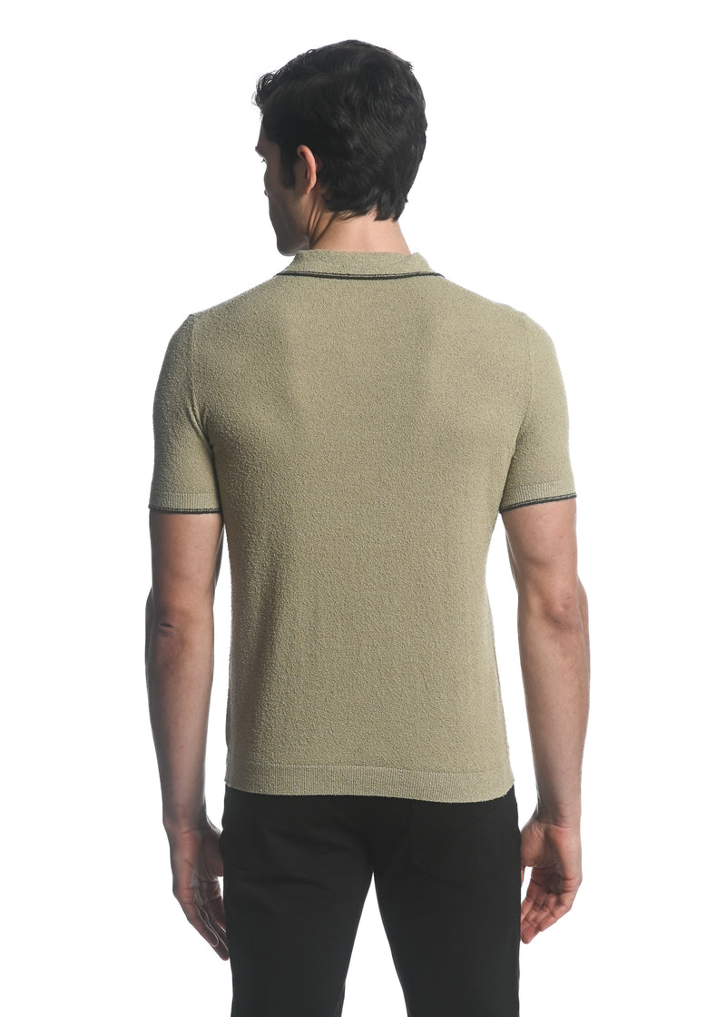 SAGE/ OLIVE BOUCLE  3-BUTTON KNIT POLO WITH TIPPING PM-16218