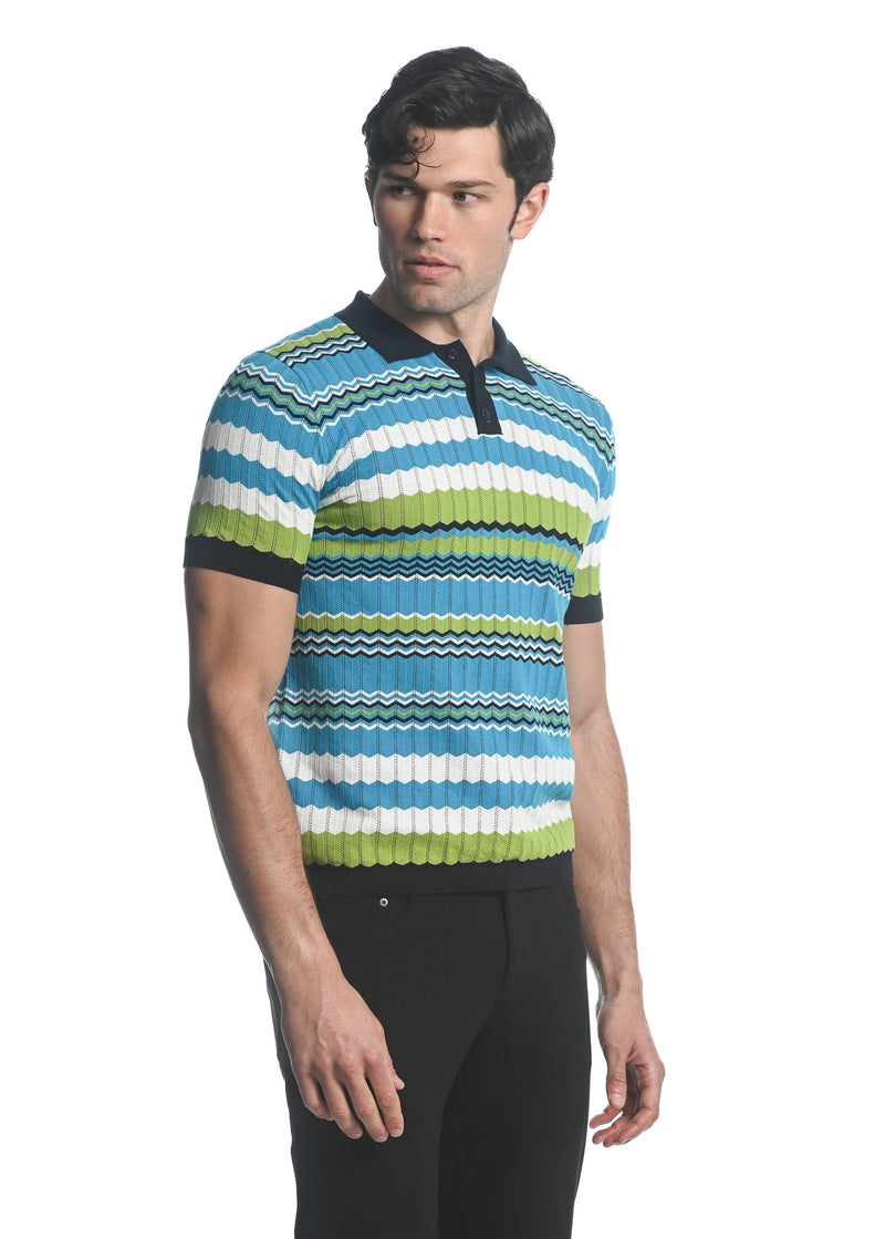 NAVY/ CITRUS/ OCEAN CHEVRON COTTON  3-BUTTON TEXTURED CHEVRON STRIPE KNIT POLO PM-16226