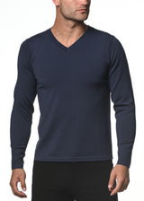 NAVY SILK TENCEL KNITTED V-NECK SWEATER PM-16308