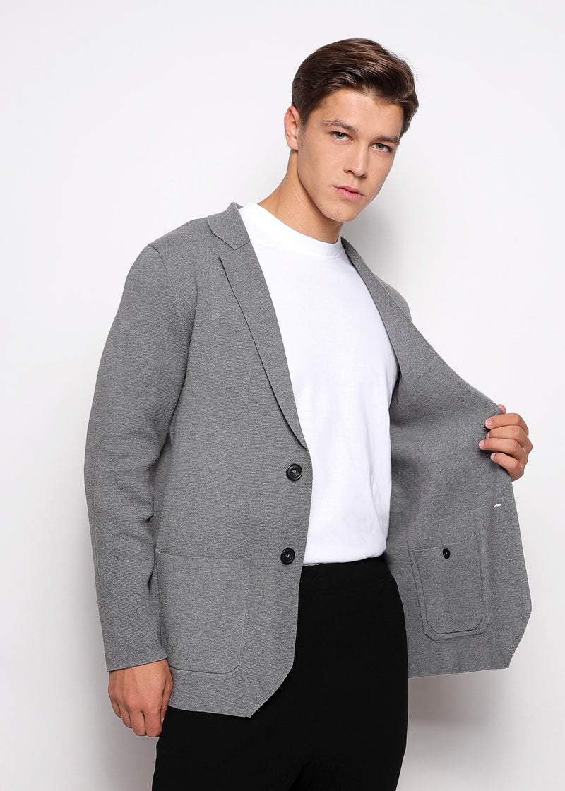 CHARCOAL SINGLE BREASTED COTTON DECONSTRUCTED KNITTED BLAZER PM-16400