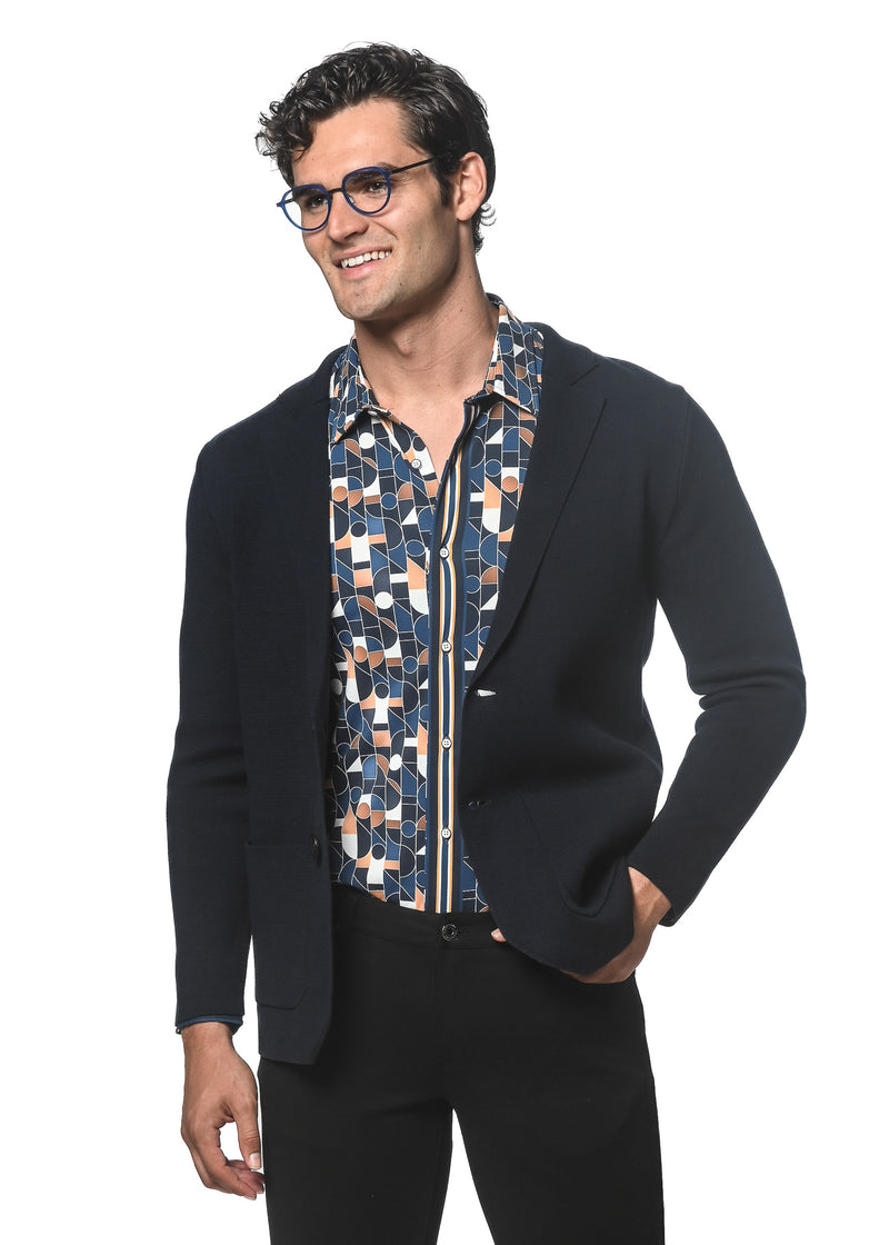 NAVY SINGLE BREASTED COTTON DECONSTRUCTED KNITTED BLAZER PM-16400