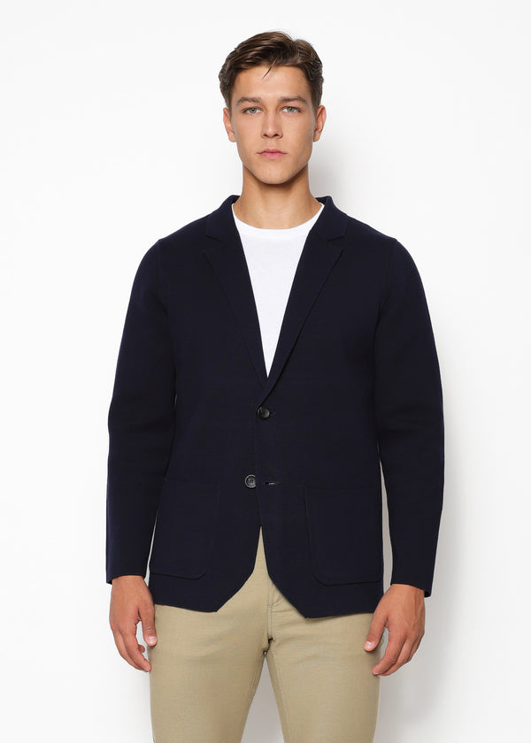 NAVY SINGLE BREASTED COTTON DECONSTRUCTED KNITTED BLAZER PM-16400