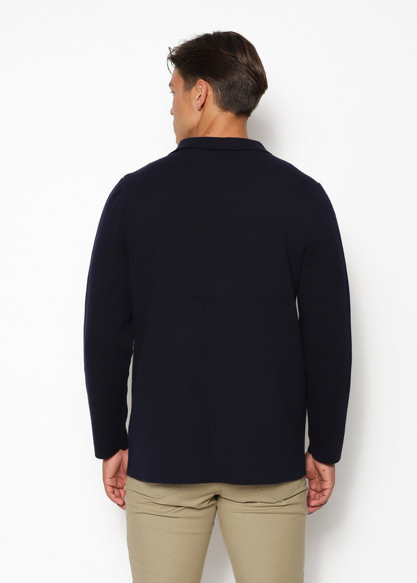 NAVY SINGLE BREASTED COTTON DECONSTRUCTED KNITTED BLAZER PM-16400