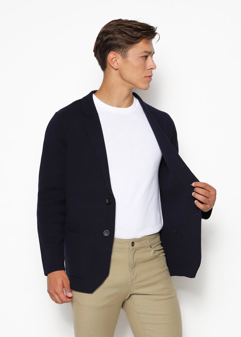 NAVY SINGLE BREASTED COTTON DECONSTRUCTED KNITTED BLAZER PM-16400