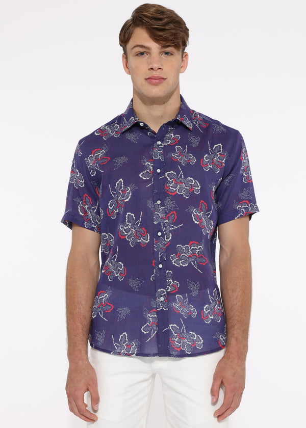 INK BLUE FLORAL TENCEL/LINEN SHORT SLEEVE WOVEN SHIRT PM-45000 Final Sale