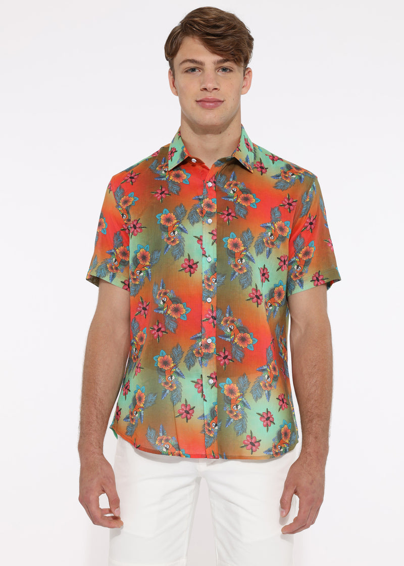 SEA/ORANGE FLORAL TENCEL/LINEN SHORT SLEEVE WOVEN SHIRT PM-45001 Final Sale