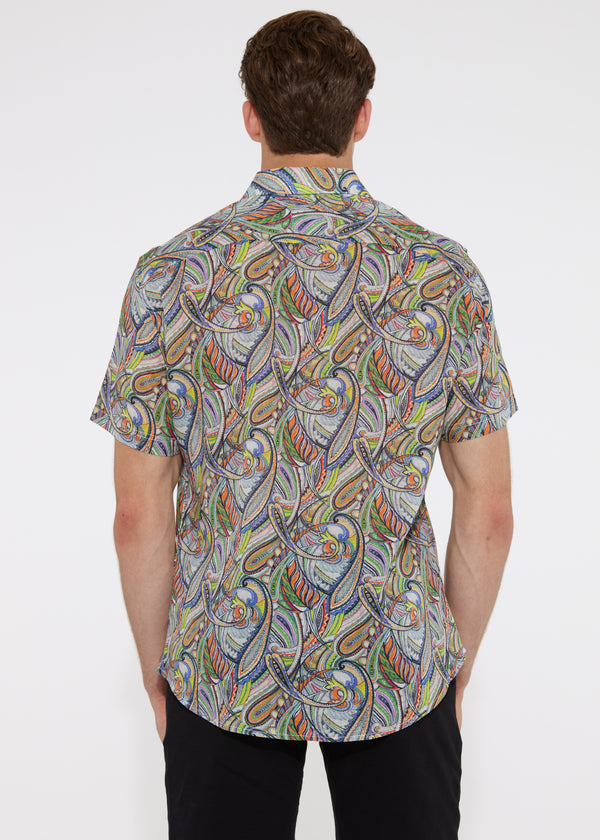 ORANGE MULTI PAISLEY TENCEL/LINEN SHORT SLEEVE WOVEN SHIRT PM-45004