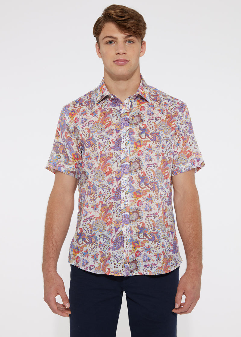 PURPLE/WHITE PAISLEY TENCEL/LINEN SHORT SLEEVE WOVEN SHIRT PM-45006