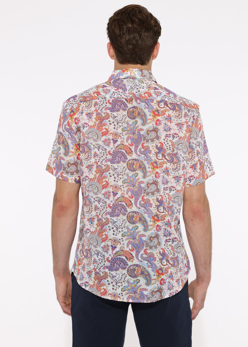 PURPLE/WHITE PAISLEY TENCEL/LINEN SHORT SLEEVE WOVEN SHIRT PM-45006