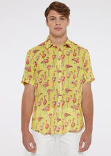 YELLOW/PINK FLAMINGOS TENCEL/LINEN SHORT SLEEVE WOVEN SHIRT PM-45008