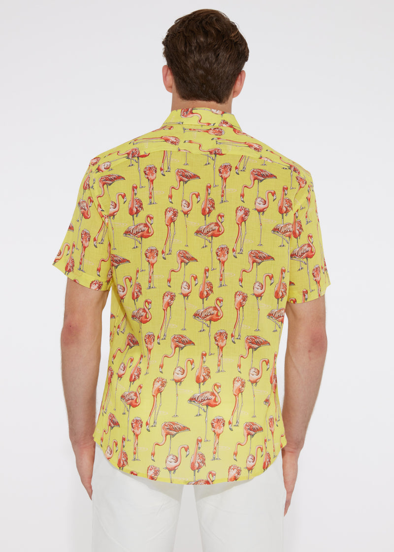 YELLOW/PINK FLAMINGOS TENCEL/LINEN SHORT SLEEVE WOVEN SHIRT PM-45008