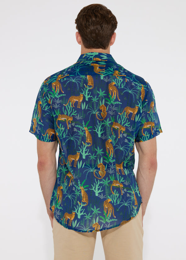 NAVY/GOLD CHEETAHS COTTON/SILK WOVEN SHORT SLEEVE SHIRT PM-46001