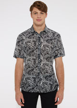 BLACK/WHITE TROPICS COTTON/SILK WOVEN SHORT SLEEVE SHIRT PM-46007