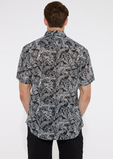 BLACK/WHITE TROPICS COTTON/SILK WOVEN SHORT SLEEVE SHIRT PM-46007