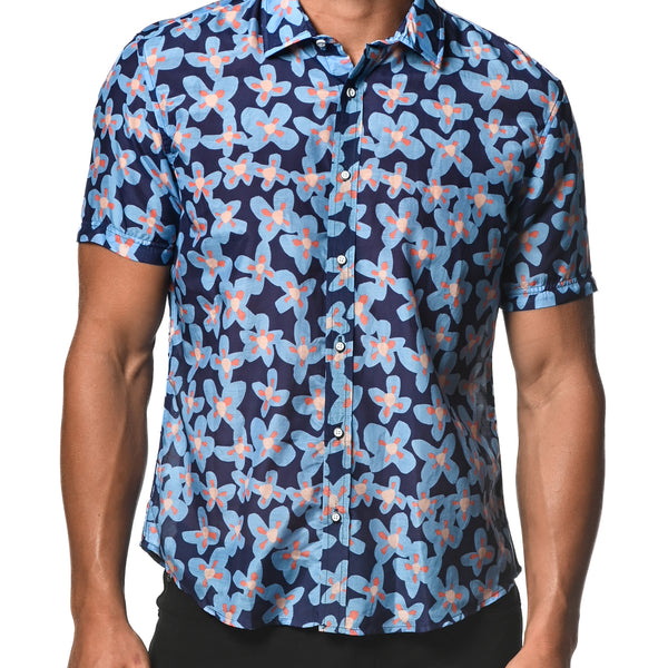 BLUE/NAVY FLOWERS COTTON/SILK SHORT SLEEVE WOVEN SHIRT PM-46019