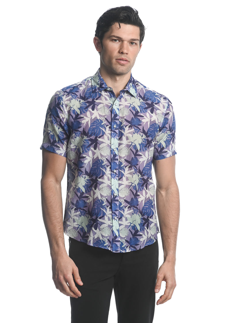 NAVY/ IRIS PARADISE PRINTED COTTON SILK SHORT SLEEVES WOVEN SHIRT PM-46025