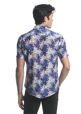 NAVY/ IRIS PARADISE PRINTED COTTON SILK SHORT SLEEVES WOVEN SHIRT PM-46025