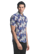 NAVY/ IRIS PARADISE PRINTED COTTON SILK SHORT SLEEVES WOVEN SHIRT PM-46025