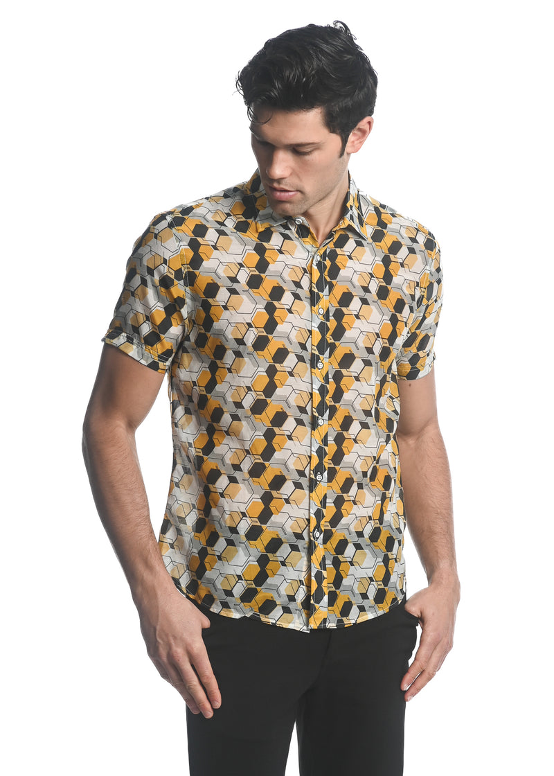 GOLD/ CHARCOAL CELLS PRINTED COTTON SILK SHORT SLEEVES WOVEN SHIRT PM-46026