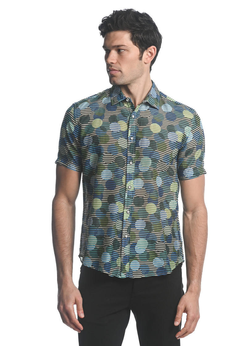 BLUE/ GREEN CIRCLES PRINTED COTTON SILK SHORT SLEEVES WOVEN SHIRT PM-46027