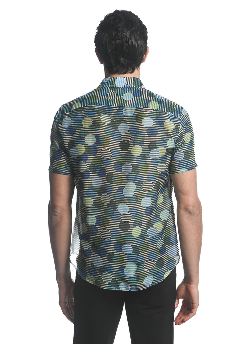 BLUE/ GREEN CIRCLES PRINTED COTTON SILK SHORT SLEEVES WOVEN SHIRT PM-46027