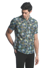 BLUE/ GREEN CIRCLES PRINTED COTTON SILK SHORT SLEEVES WOVEN SHIRT PM-46027