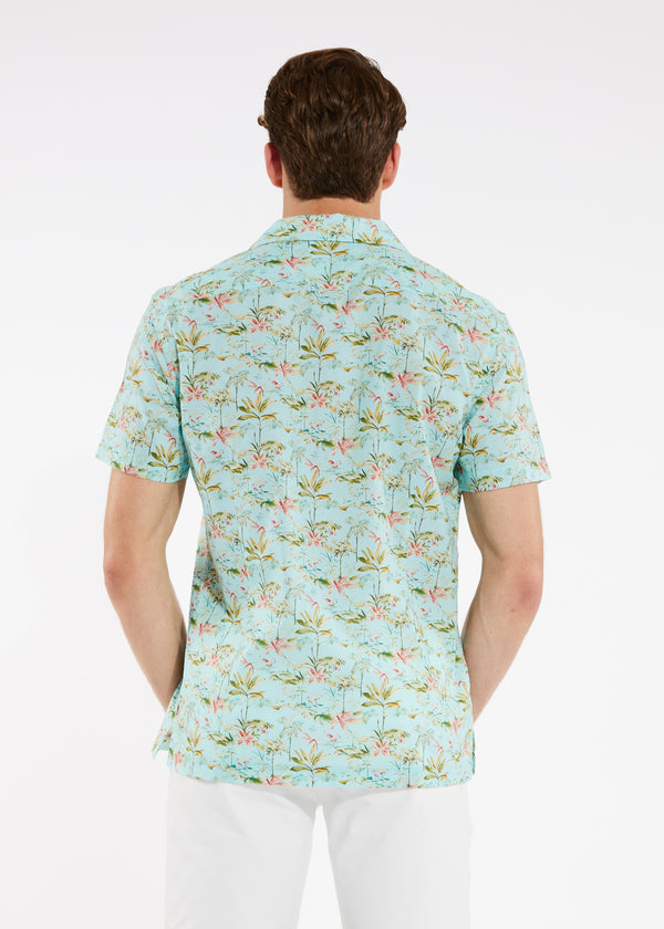 TEAL/PINK FLAMINGOS TENCEL/COTTON SHORT SLEEVE WOVEN CAMP SHIRT PM-47006