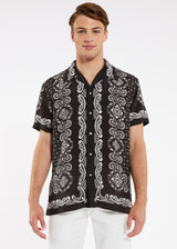 BLACK/WHITE PAISLEY VISCOSE/LINEN SHORT SLEEVE WOVEN CAMP SHIRT PM-47010