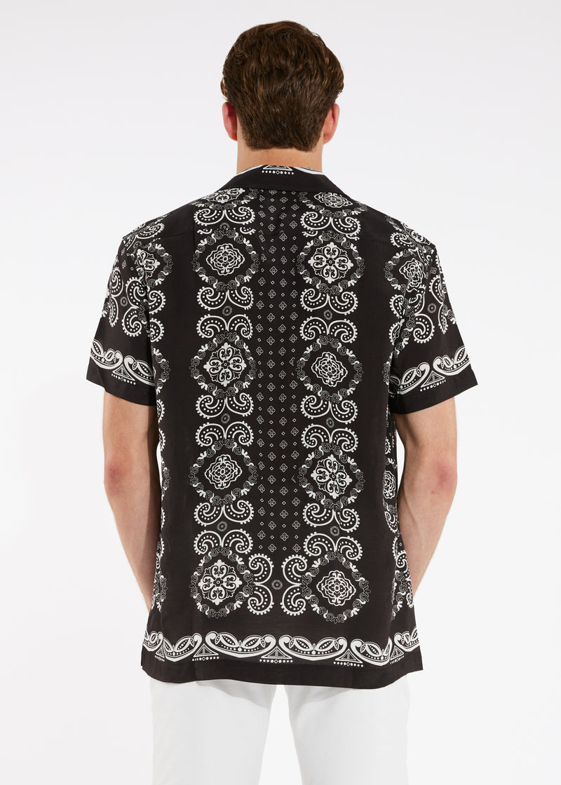 BLACK/WHITE PAISLEY VISCOSE/LINEN SHORT SLEEVE WOVEN CAMP SHIRT PM-47010