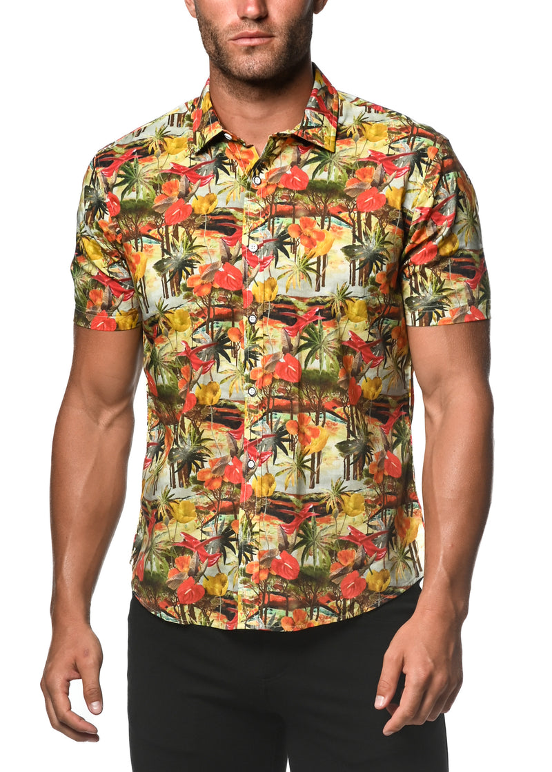 SUNSET GOLD TROPICS TENCEL/COTTON SHORT SLEEVE WOVEN SHIRT PM-47026